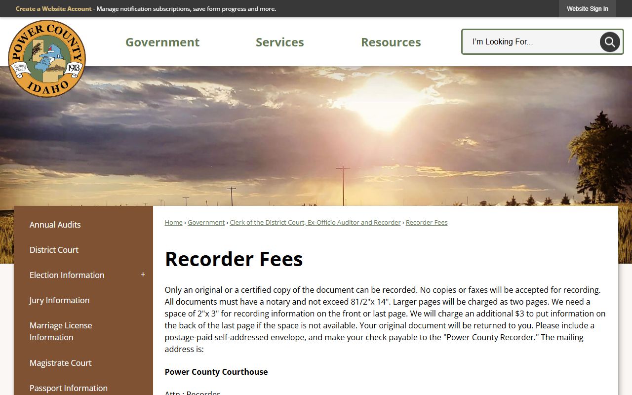 Power County clerk records recorder fee table
