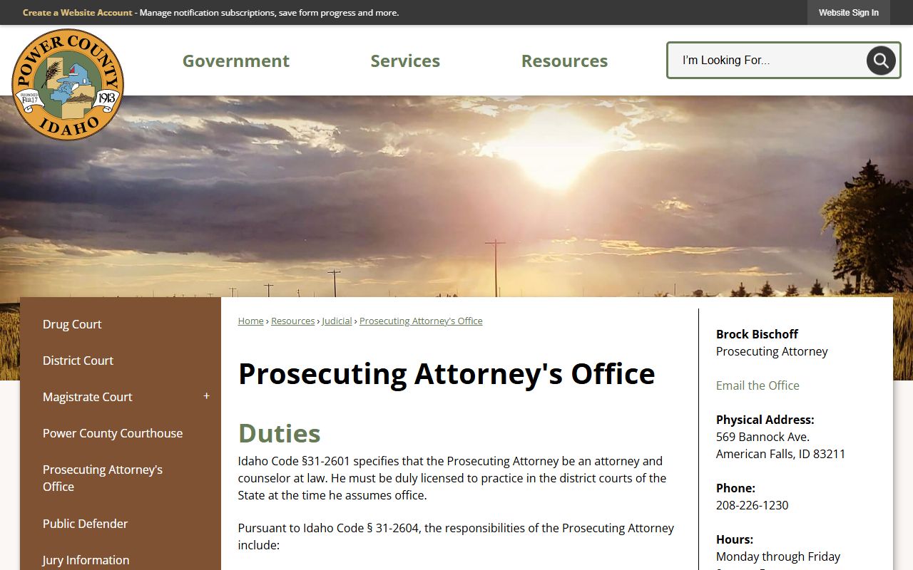 Power County arrest records and court charges Prosecuting Attorney office