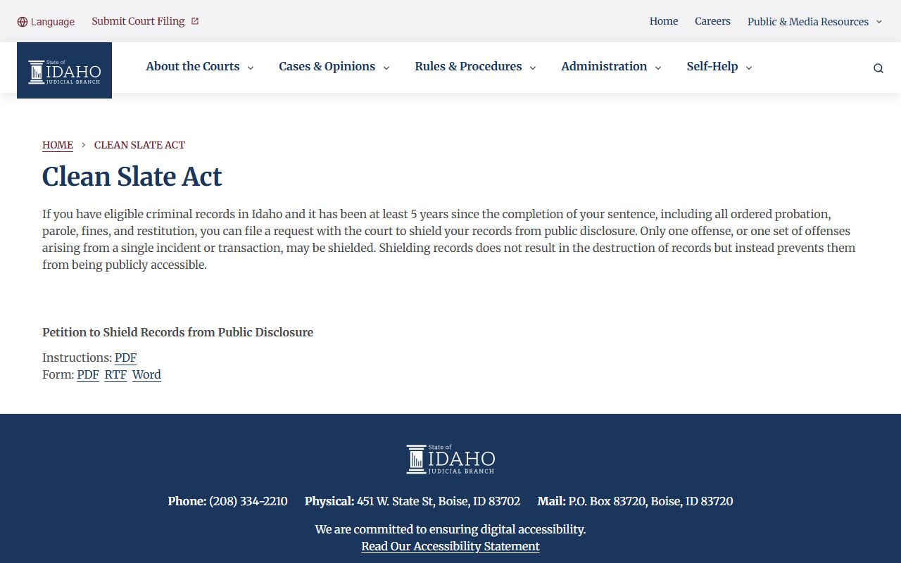 Power County criminal court records Idaho Clean Slate Act