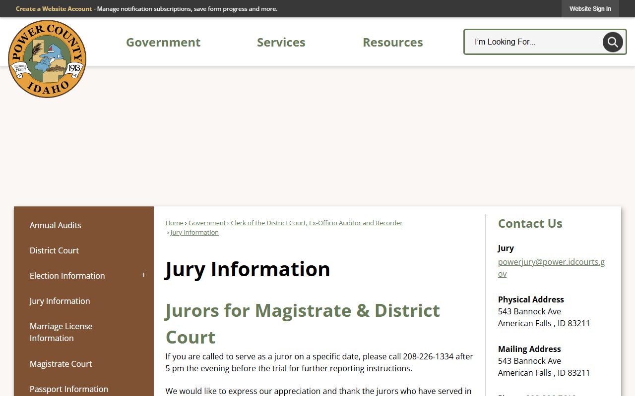 Power County District Court jury records and reporting