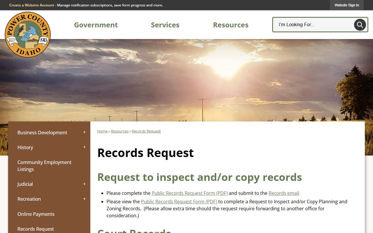 Power County court records records request page
