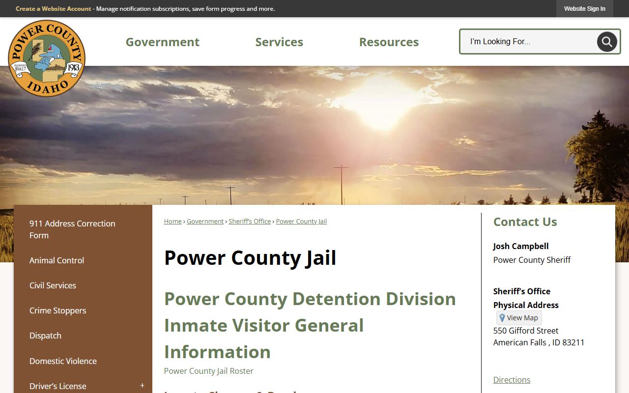 Power County inmate records jail rules and custody details