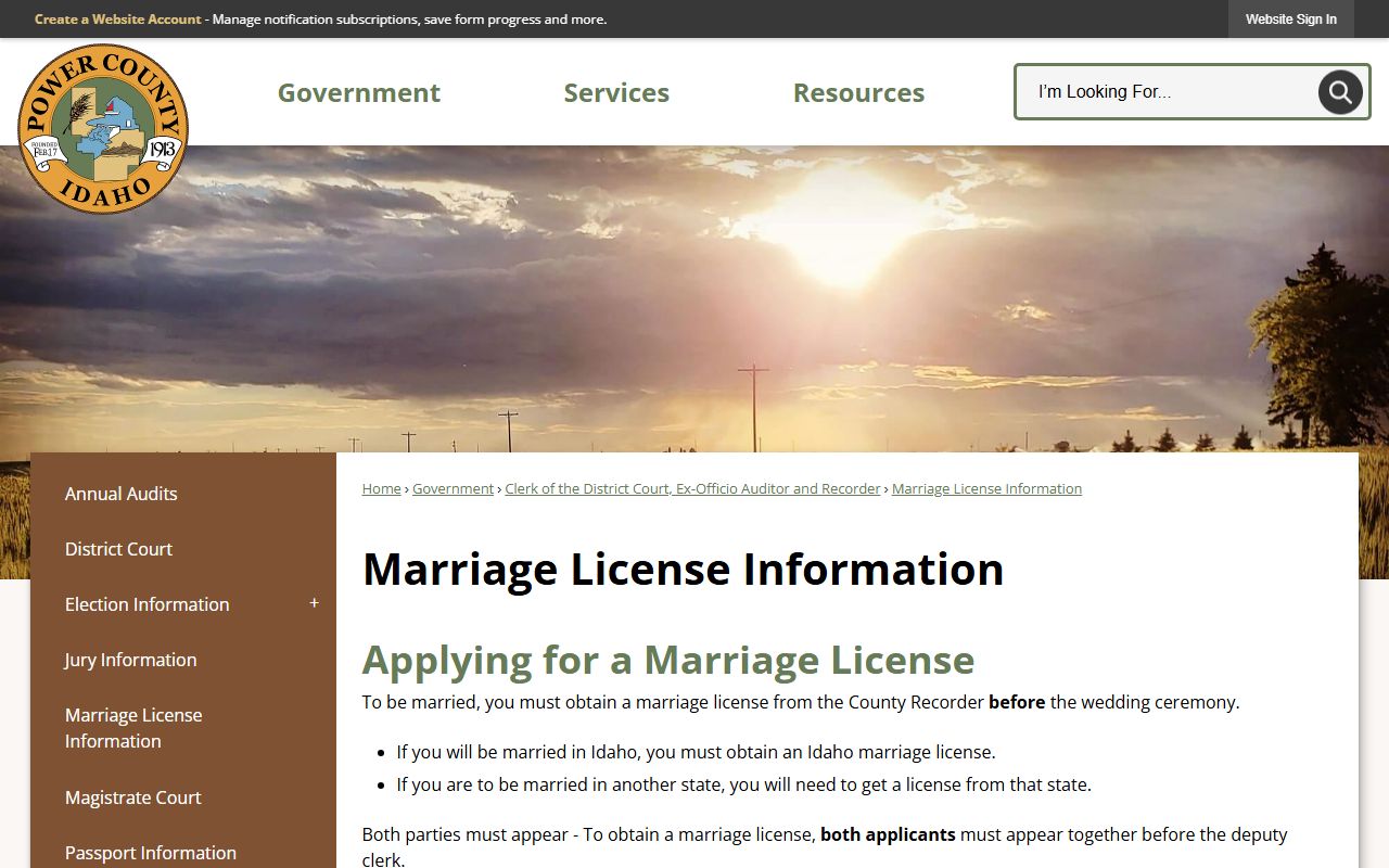 Power County marriage and divorce records license information